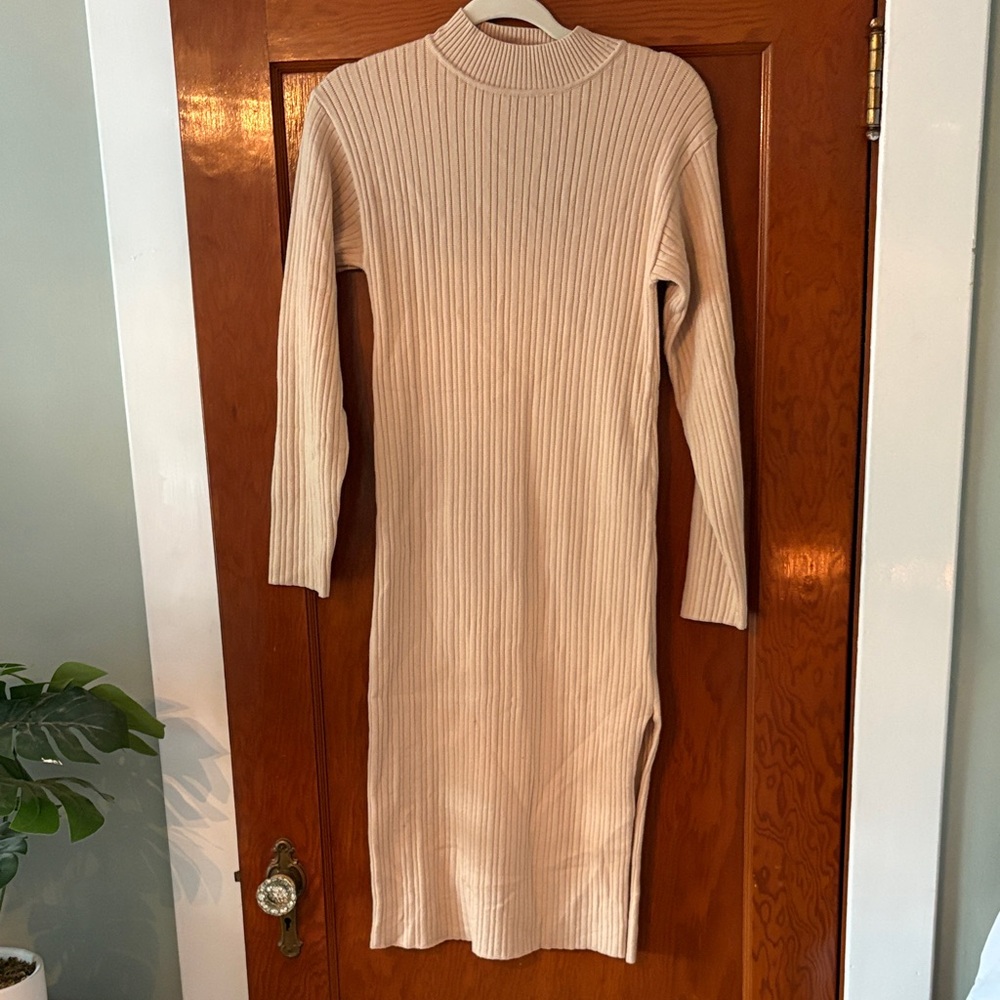 Chic Beige Ribbed Knit Long Sleeve Dress